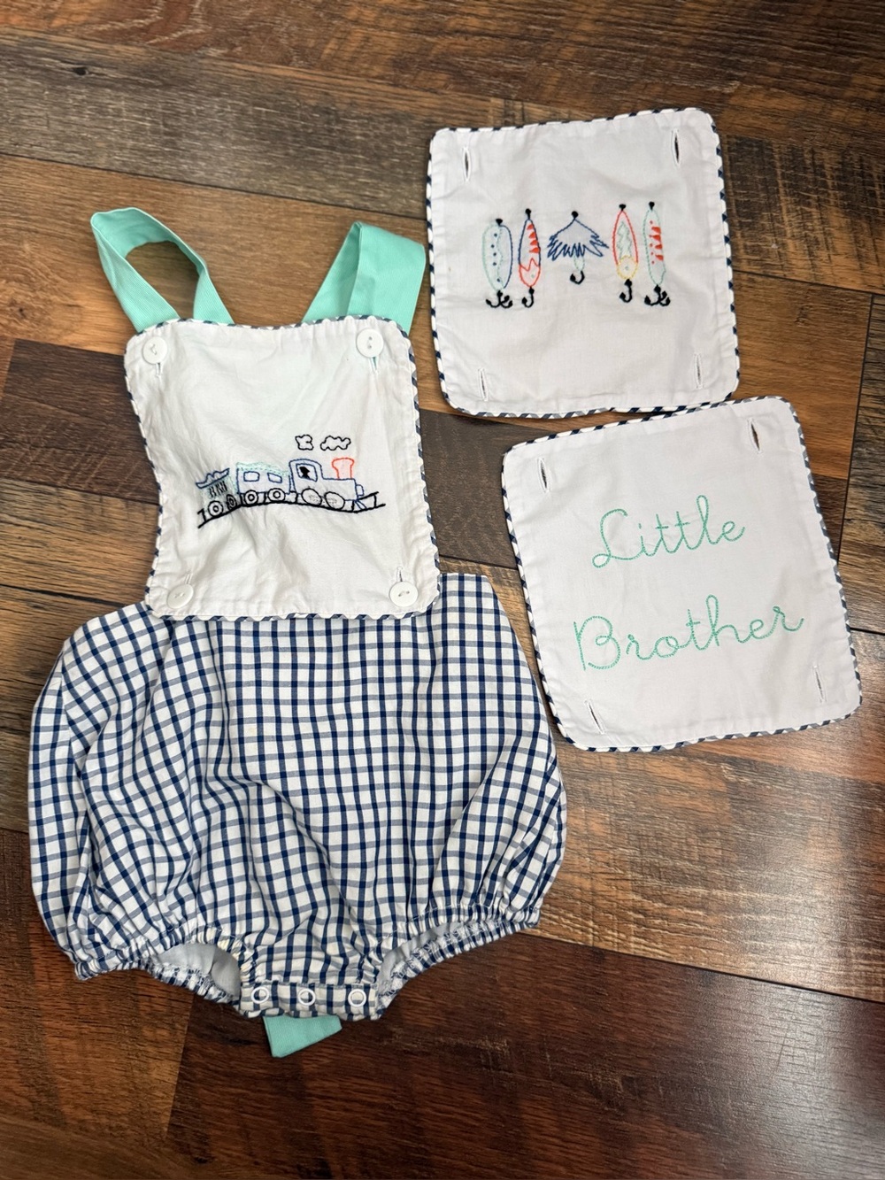 White & Blue Gingham Bubble Romper with 3 Embroidered Bibs